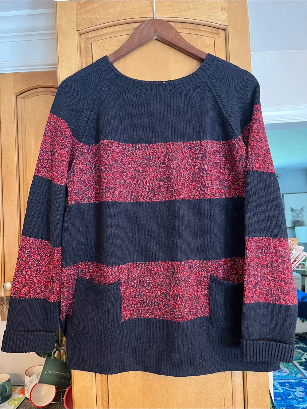 GAP Navy and Red Striped Sweater With Pockets